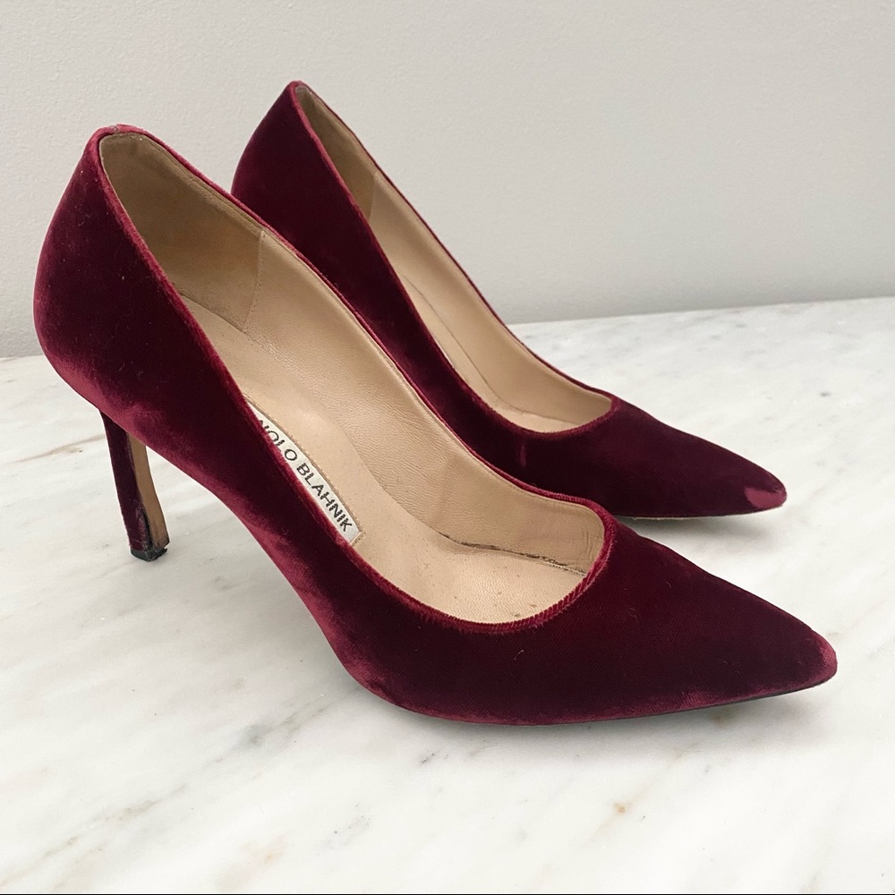 Manolo Blahnik Burgundy Velvet Pumps